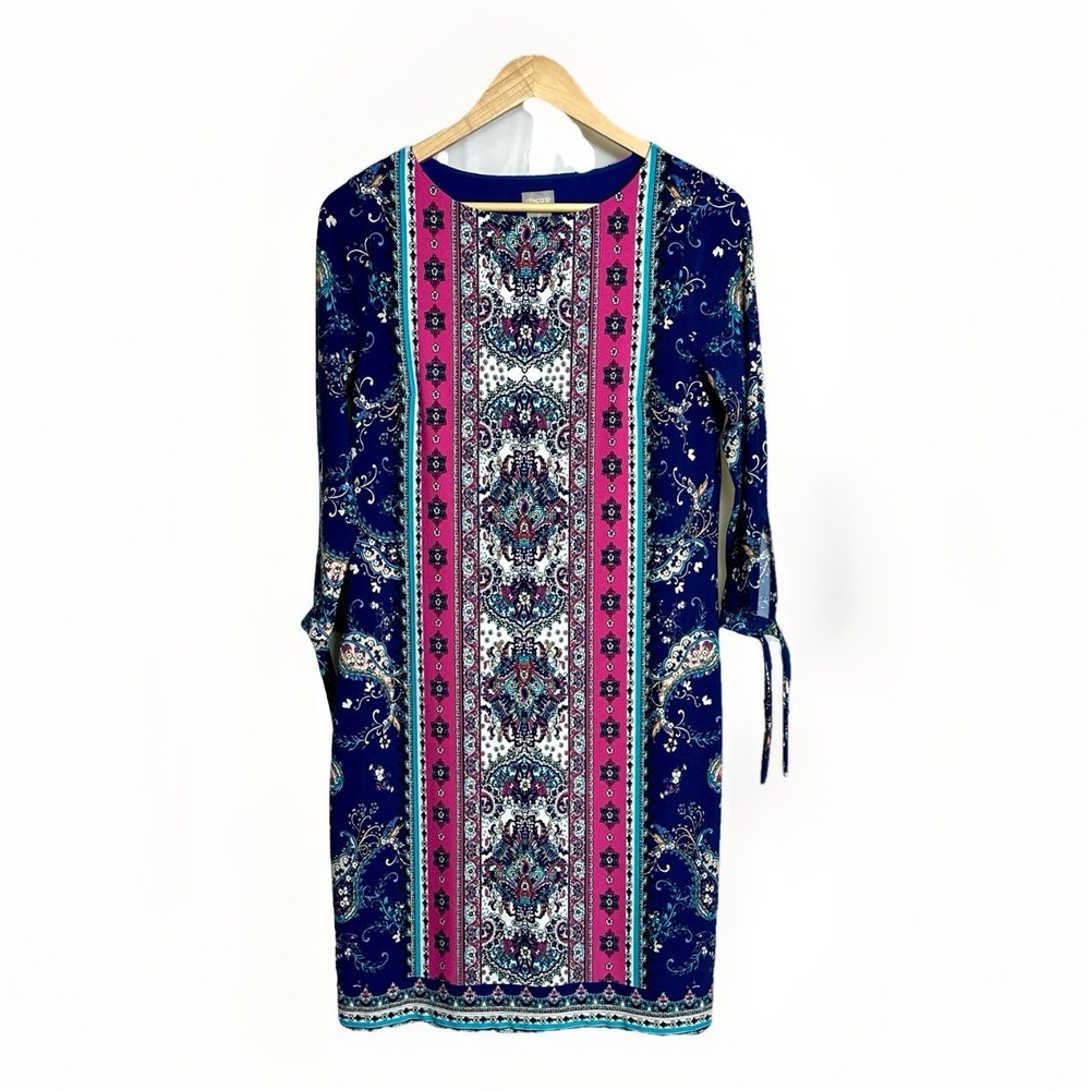Chicos Shift Dress Women's Small Paisley‎ Floral Navy Pullover 3/4 Sleeve Lined